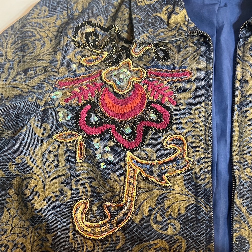 Chico's Blue and Gold Embroidered Jacket size 3 - Picture 3 of 9